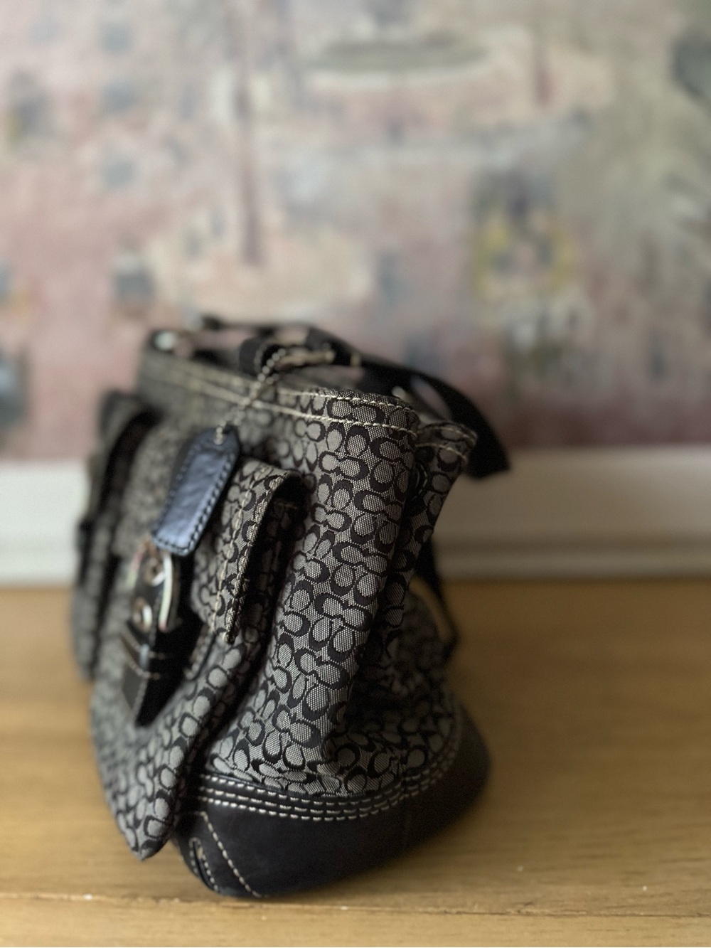 COACH Soho Hobo Signature Black Leather Grey Canvas - Y2K - Picture 3 of 9
